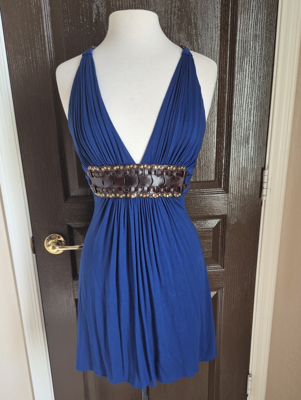 Sky Royal Blue Plunging Halter Dress with Brown Waist Detail Nwot